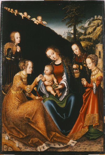 El matrimonio místico de Santa Catalina de Alejandría con las Santas Dorotea, Margarita y Bárbara de Lucas the Elder Cranach