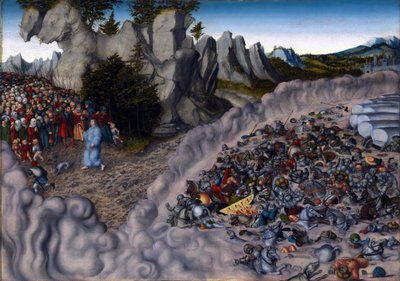 El cruce del Mar Rojo por el pueblo israelita, el ejército del faraón se ahoga de Lucas the Elder Cranach