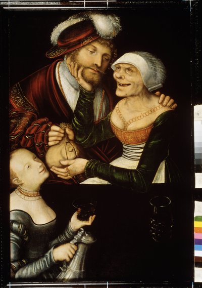 "La proxeneta" Un viejo proxeneta desdentado toma el bolso de un cliente a cambio de una entrevista con una prostituta. Pintura de Lucas Cranach el Viejo (1472-1553) circa 1530 Museo Estatal de Arte de Georgia, Tiflis (Tbilisi) Georgia de Lucas the Elder Cranach