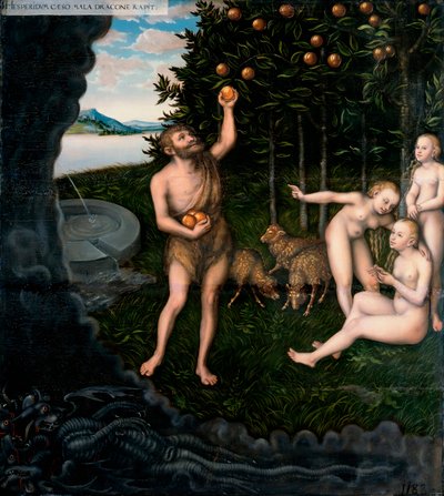Los trabajos de Hércules: Hércules robando las manzanas del jardín de las Hespérides de Lucas the Elder Cranach