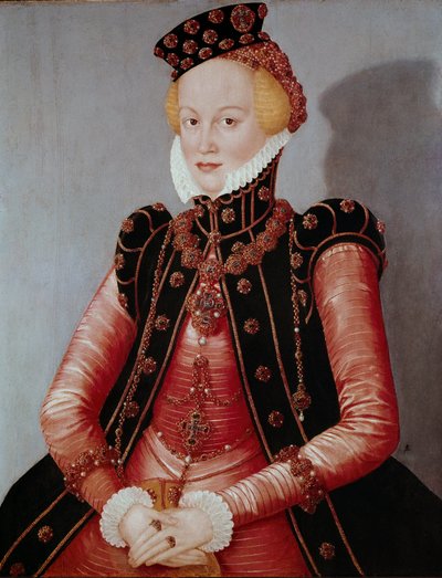 Retrato de una joven dama ricamente vestida, con sombrero y adornos de joyas de Lucas the Elder Cranach