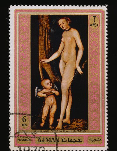 Sello postal de la serie Pinturas famosas (Desnudos) de Lucas the Elder Cranach