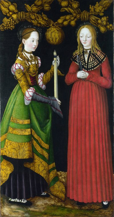 Santa Genoveva y Santa Apollina (o Apolonia) (Santas Genoveva y Apolonia). Santa Genoveva (423-502 o 512), patrona de la ciudad de París. Santa Apolonia (o Apolonia) de Alejandría (fallecida en 249), mártir y patrona de los dentistas. pintura de de Lucas the Elder Cranach