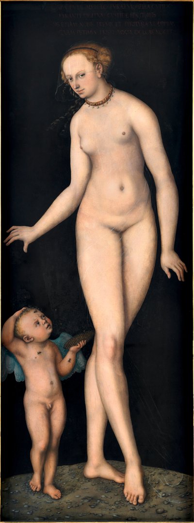 Venus con Cupido el ladrón de miel, por Cranach, Lucas, el Viejo (1472-1553). Óleo sobre madera, después de 1537. Dimensión: 175,4x66,3 cm. Germanisches Nationalmuseum, Núremberg de Lucas the Elder Cranach