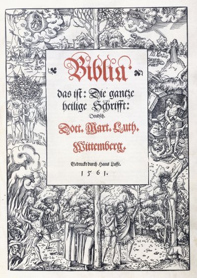 Página del título, con un fino borde pictórico de "Biblia, das ist: Die gantze heilige Schrifft: Deudsch", traducida por Martin Luther, 1560-1561 de Lucas the Younger Cranach