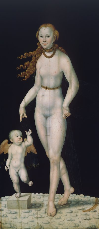Venus y Cupido, pintado sobre panel de Lucas the Younger Cranach