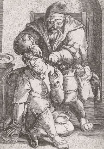 Cirujano barbero del siglo XVII atendiendo el oído de un paciente de Lucas van (after) Leyden