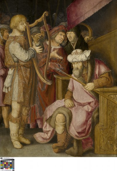 David toca el arpa para Saúl (óleo sobre tabla) de Lucas van (after) Leyden
