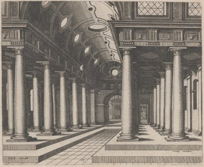 Un salón con una bóveda de cañón de Lucas van Doetechum and Johannes