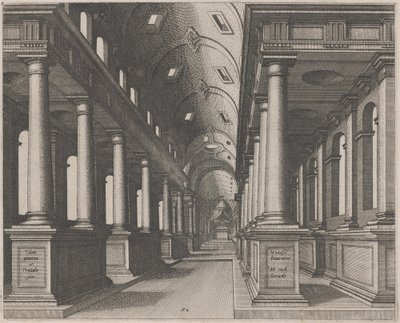 Vista interior de una iglesia con bóveda de cañón de Lucas van Doetechum and Johannes
