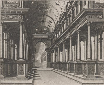 Interior de una iglesia con una estatua en el fondo de Lucas van Doetechum and Johannes