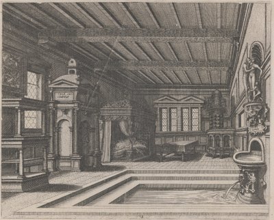 Interior con buffet, portal de entrada y cama con dosel de Lucas van Doetechum and Johannes