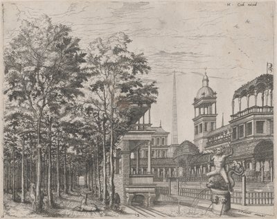 Paisaje con Árboles, Dos Ciervos y un Patio de Palacio de Lucas van Doetechum and Johannes