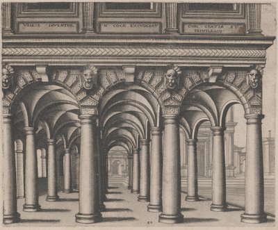 Sala abierta sostenida por columnas toscanas con una plaza a la derecha de Lucas van Doetechum and Johannes