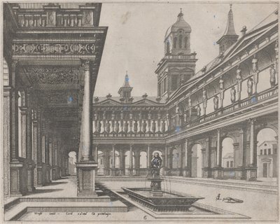 Patio del palacio con fuente en una cuenca rectangular de Lucas van Doetechum and Johannes