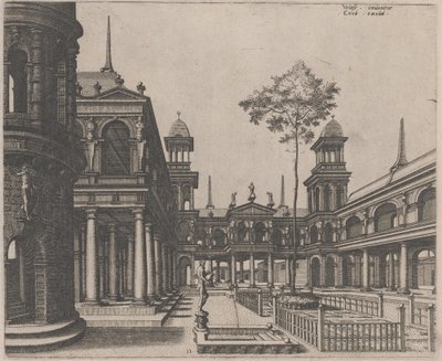 Plaza con un edificio circular a la izquierda y un obelisco en el fondo de Lucas van Doetechum and Johannes