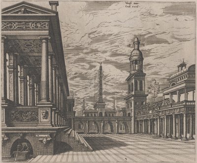 Plaza del pueblo con una columnata a la izquierda de Lucas van Doetechum and Johannes