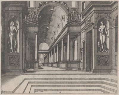 Vista en una Iglesia con Columnas Corintias y Estatuas de Apolo, Melpómene y Moisés de Lucas van Doetechum and Johannes