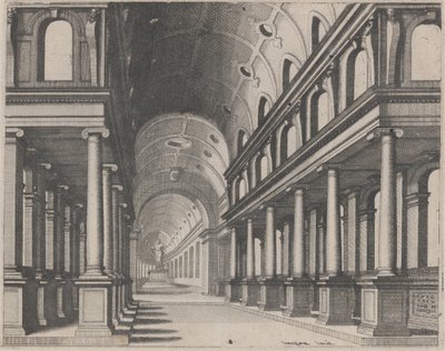 Vista en una Iglesia con Columnas Jónicas y un Coro con una Estatua de Lucas van Doetechum and Johannes