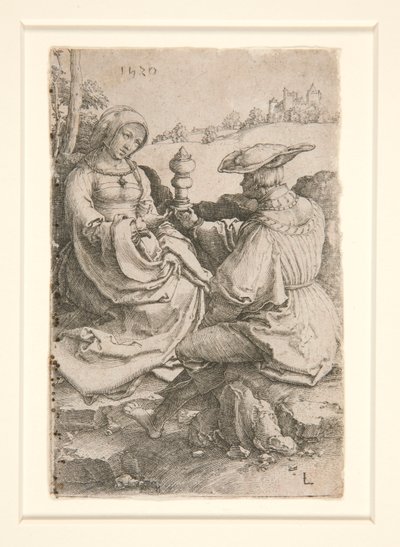 Un noble y una dama sentados en un paisaje de Lucas van Leyden