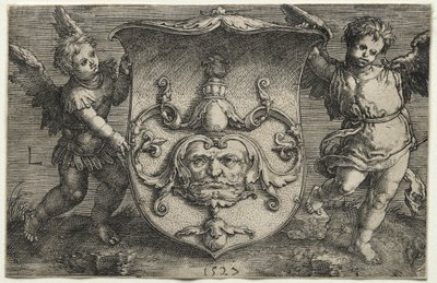 Un escudo con una máscara sostenida por dos genios de Lucas van Leyden
