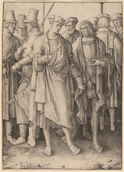 Un joven con ocho hombres armados de Lucas van Leyden