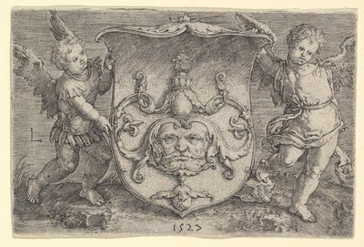 Escudo de armas con una máscara, sostenido por dos genios, 1527 de Lucas van Leyden