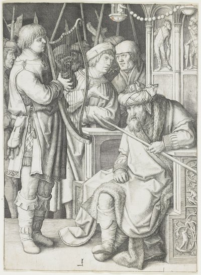 David tocando el arpa ante Saúl, c. 1508 de Lucas van Leyden