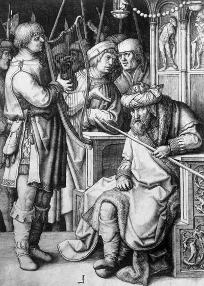David tocando el arpa ante el rey Saúl, circa 1508, por Lucas van Leyden, grabado de Lucas van Leyden