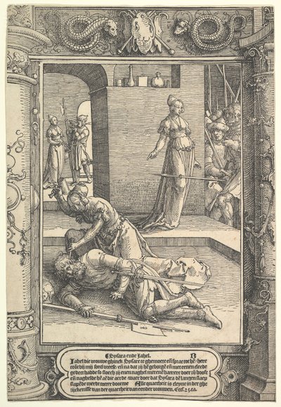 Jael Matando a Sísara, marco ornamental, ca. 1517 de Lucas van Leyden