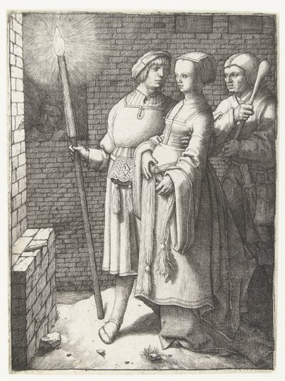 Joven con una antorcha, una mujer y un nar de Lucas van Leyden