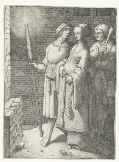 Joven con una antorcha, una mujer y un nar de Lucas van Leyden