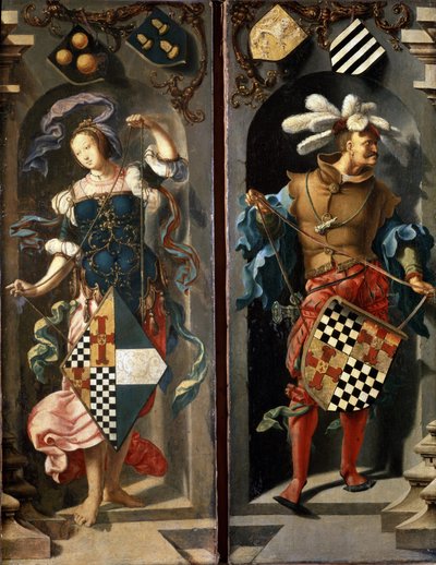La curación del ciego de Jericó (panel lateral). La curación del ciego de Jericó. Dos figuras portando escudos de armas. Pintura de Lucas Van Leyden (1489/94-1533) de Lucas van Leyden
