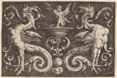 Ornamento con dos esfinges y un hombre alado de Lucas van Leyden