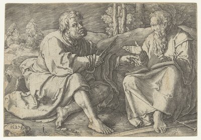 Paul y Peter sentados en un paisaje. de Lucas van Leyden