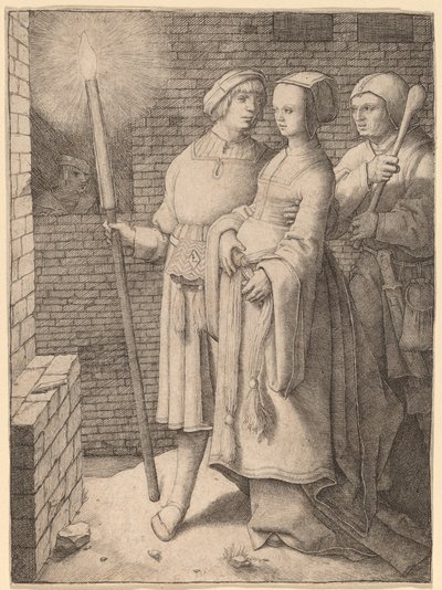 El hombre con la antorcha y una mujer seguida por un tonto de Lucas van Leyden
