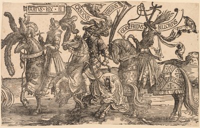 Los nueve héroes: Arturo, Carlos el Grande (Carlomagno), Godofredo de Bouillon de Lucas van Leyden