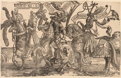 Los Nueve Héroes: Arturo, Carlomagno, Godofredo de Bouillon, 1515-1517 de Lucas van Leyden