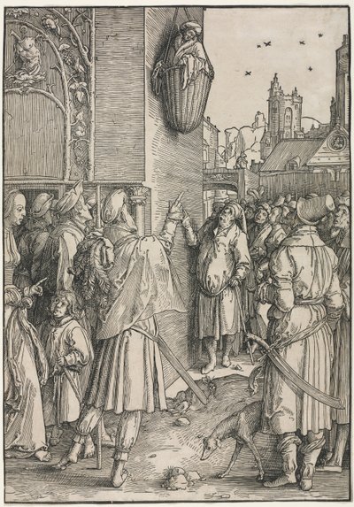 El Poder de las Mujeres: El poeta Virgilio suspendido en una canasta, c. 1512 de Lucas van Leyden