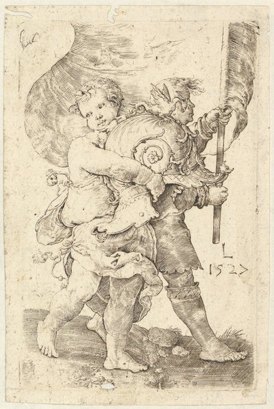 Dos niños con un casco y un estandarte, 1527 de Lucas van Leyden