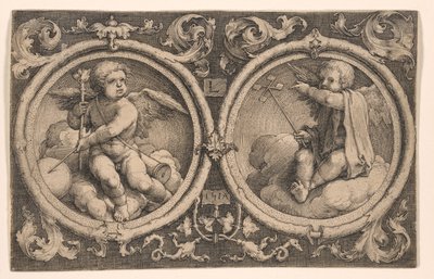 Dos cupidos sentados sobre nubes de Lucas van Leyden