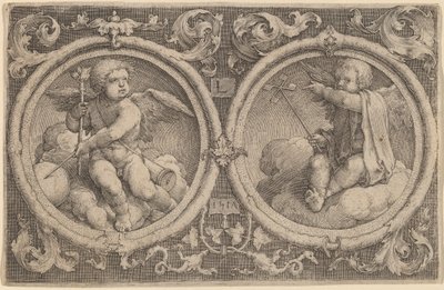 Dos cupidos sentados en nubes en dos círculos de Lucas van Leyden