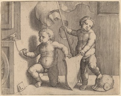 Dos niños desnudos sosteniendo un escudo en blanco de Lucas van Leyden