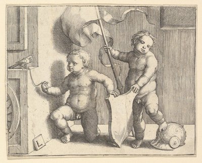 Dos niños desnudos sosteniendo un escudo en blanco de Lucas van Leyden