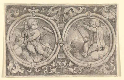 Dos putti sentados en nubes en círculos con zarcillos, 1517 de Lucas van Leyden