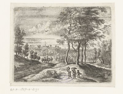 Paisaje forestal con dos mujeres y un niño con una canasta. Pequeños paisajes (título de serie) de Lucas van Uden