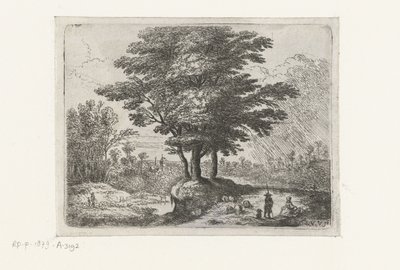 Tres árboles, un pastor con ovejas y un perro. Pequeños paisajes (título de serie) de Lucas van Uden