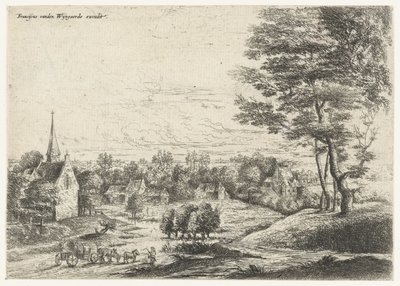 Vista de un pueblo con un carro cubierto Cinco paisajes (título de la serie) de Lucas van Uden