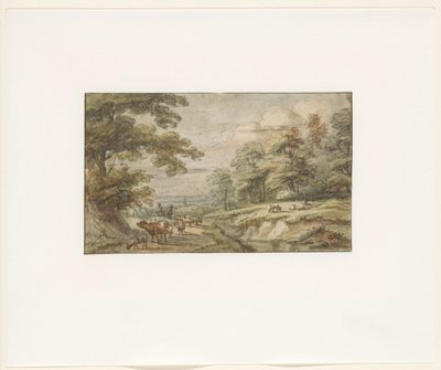 Paisaje montañoso con un rebaño de ovejas y una vaca de Lucas van Uden