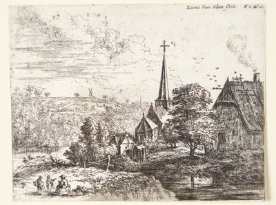 Pueblo junto a un río, en primer plano tres figuras de Lucas van Uden